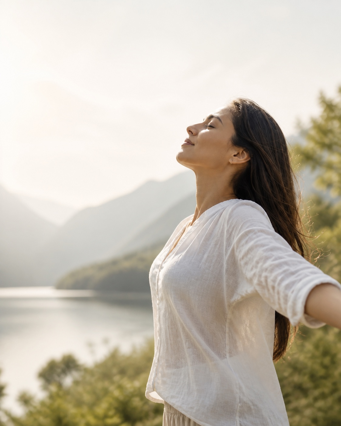 Mujer respirando conscientemente frente a un paisaje natural